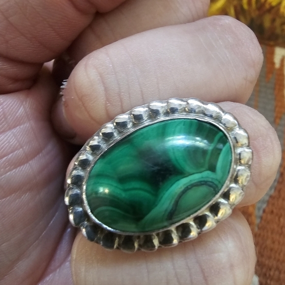 Vintage Sterling Silver Malachite Stone Statement Ring Oval Round - Picture 6 of 10